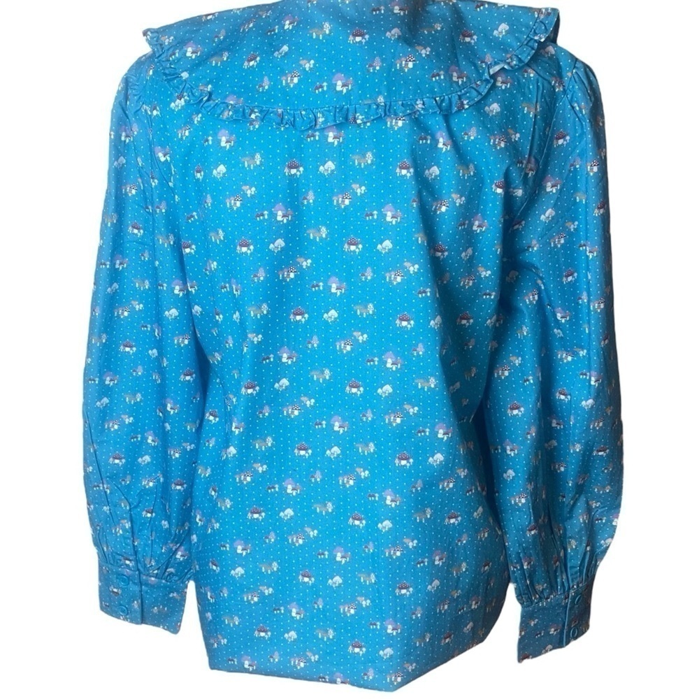 Nwt Maisonette Blue Polka Dot Mushroom Print Collar Blouse Prairie Cottagecore — image 2 of 8